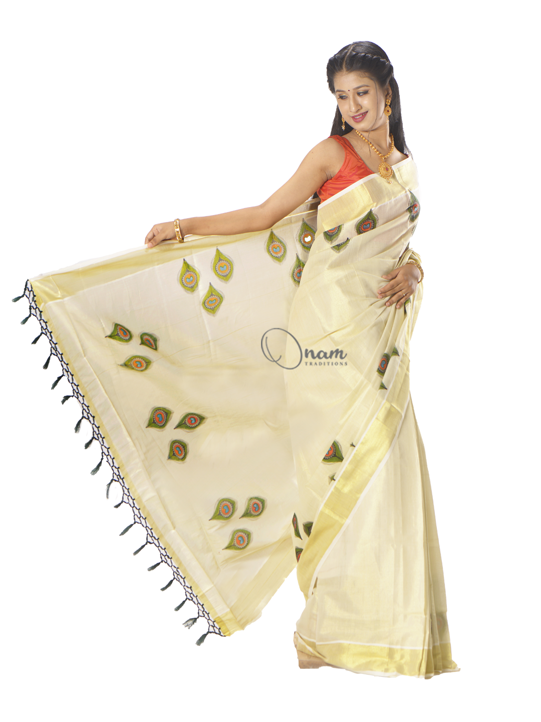 Kerala Tissue Kasavu Set Saree with Mural Prints on Pallu and all over