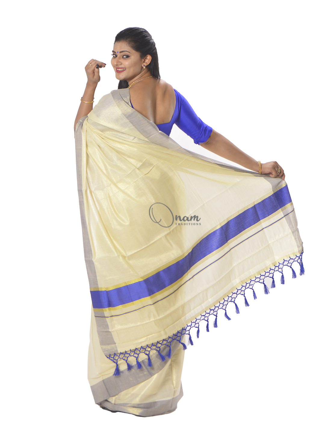 Cream printed kerala saree adorned with lord little krishna figurines on  its body & pallu, gold zari border