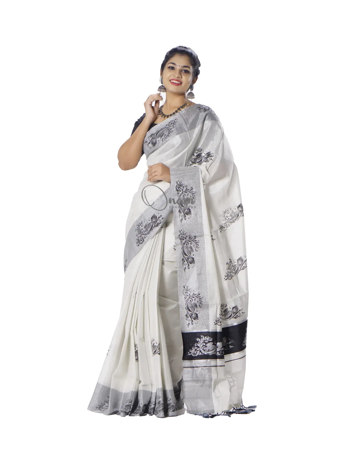 Kerala Silver Kasavu and Black Colour Border Saree - Etsy Hong Kong