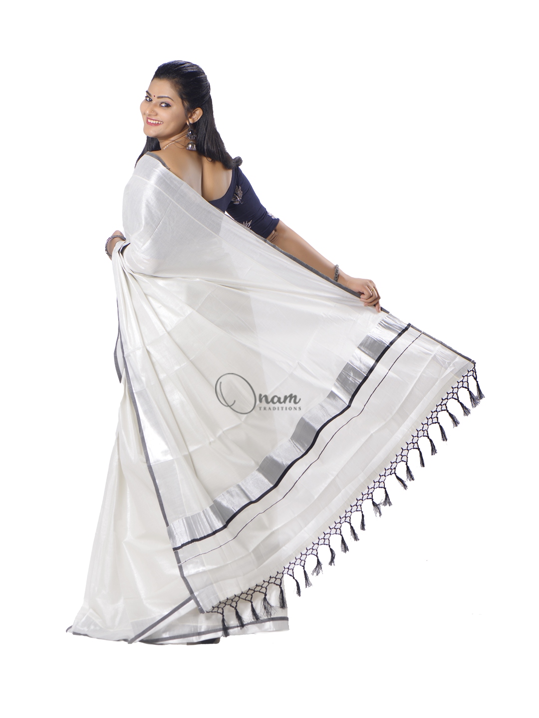 Kerala Set Saree Silver and Black Border – kingnqueenz.com